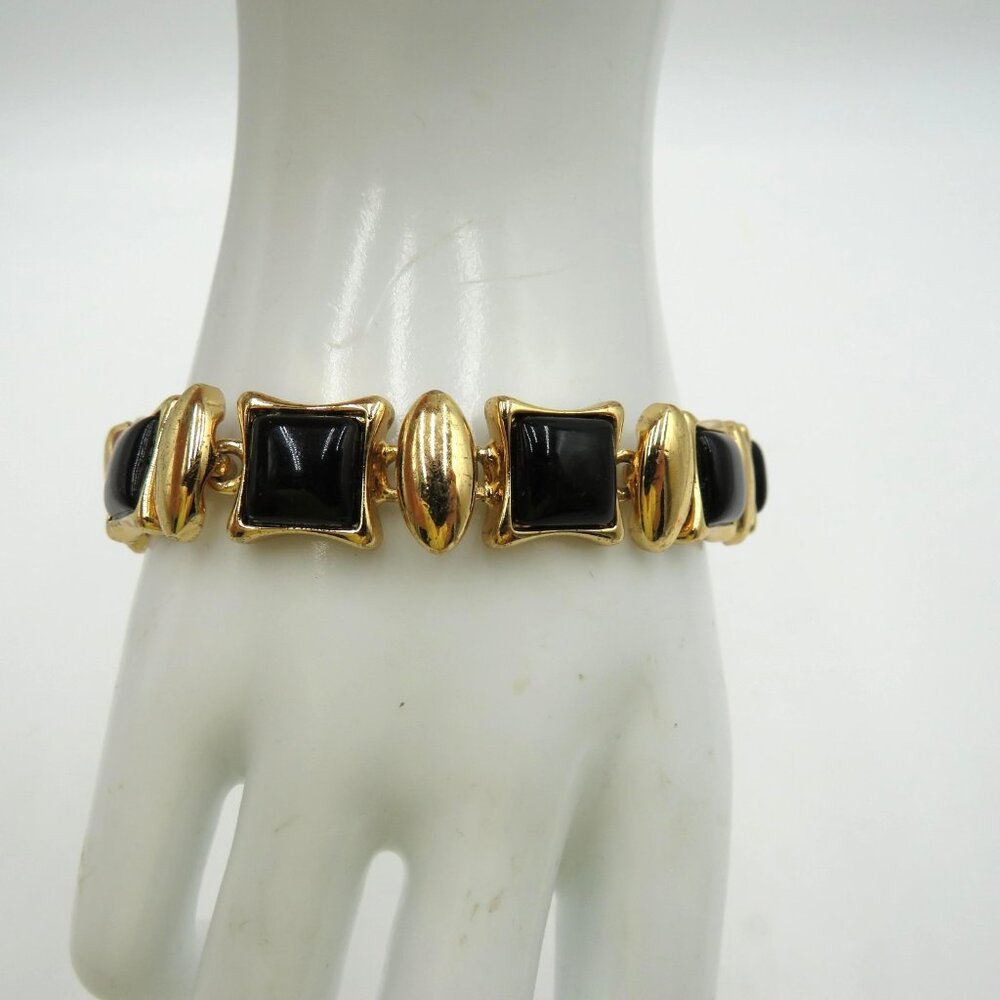 Gold Tone Black Cabochon Link Bracelet Square Geometric Statement Women Chunky
